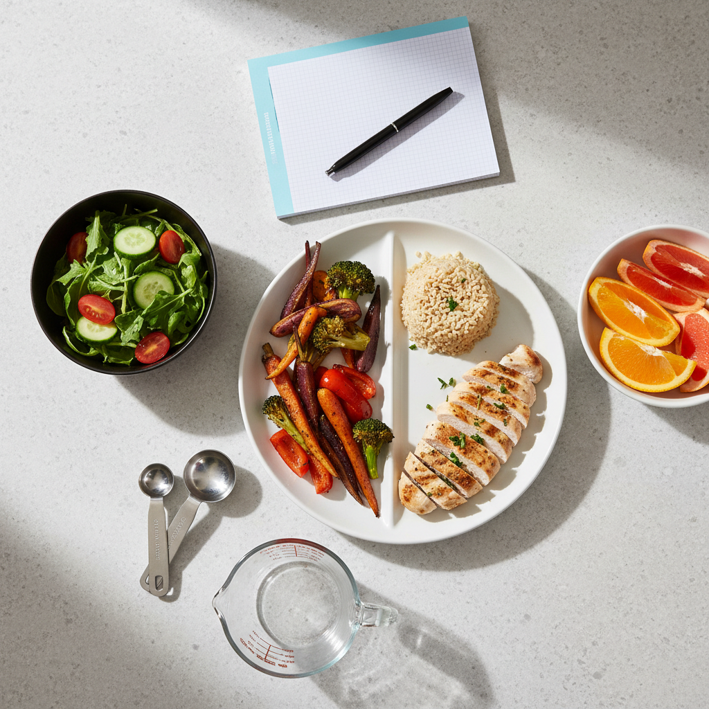 An overhead, photographic composition of a balanced meal layout on a smooth, light stone surface, designed to teach portion sizes and nutrient diversity: a white dinner plate divided visually by food placement into colorful sections of roasted vegetables, grilled lean protein, and a small serving of whole grains, surrounded by smaller side dishes of leafy salad and sliced citrus. Nearby, a transparent measuring cup, stainless steel measuring spoons, and a blank, spiral-bound meal planning notepad rest in a tidy arrangement. Soft, indirect daylight from the side gently illuminates the food, creating natural shadows and a realistic texture on each ingredient. The mood is calm, approachable, and educational, with a clean, top-down composition that clearly showcases practical, science-based healthy eating.