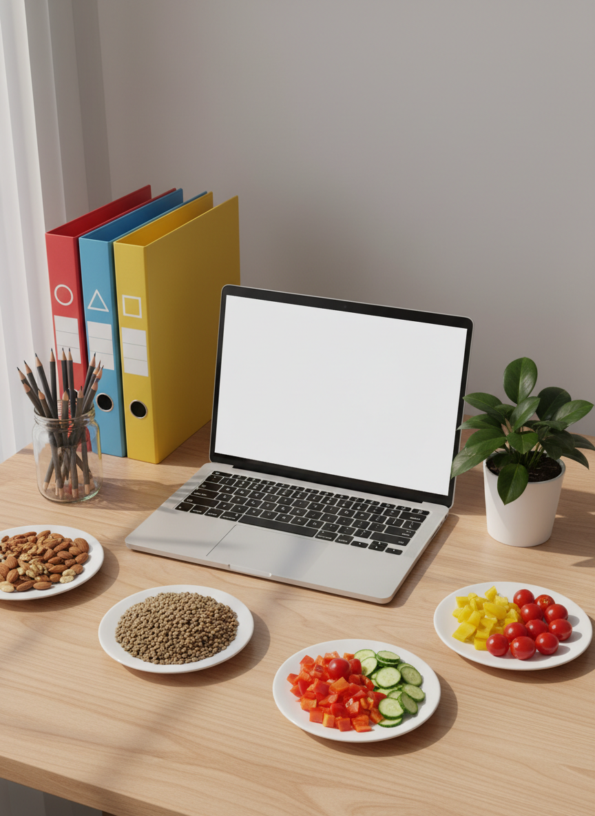 A tidy wooden desk set up for nutrition research and learning, featuring a sleek open laptop displaying a blank white screen, a stack of multicolored academic-style binders labeled only with simple geometric icons, a clear glass jar filled with sharpened pencils, and a small houseplant with deep green leaves. Around the laptop are neatly arranged bowls with measured portions of nuts, lentils, and colorful chopped vegetables on white ceramic plates. Soft diffused daylight from an unseen window washes over the workspace, casting gentle, elongated shadows. Photographic realism at a slightly elevated angle emphasizes order and clarity, with a clean, modern aesthetic that conveys scientific rigor, transparency, and accessible education in nutrition science.